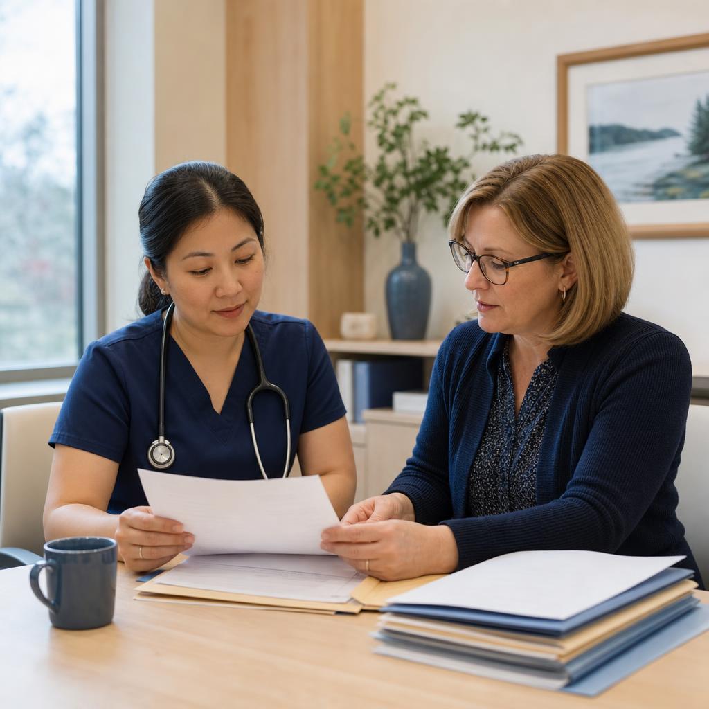 Clinician and office administrator reviewing referral paperwork