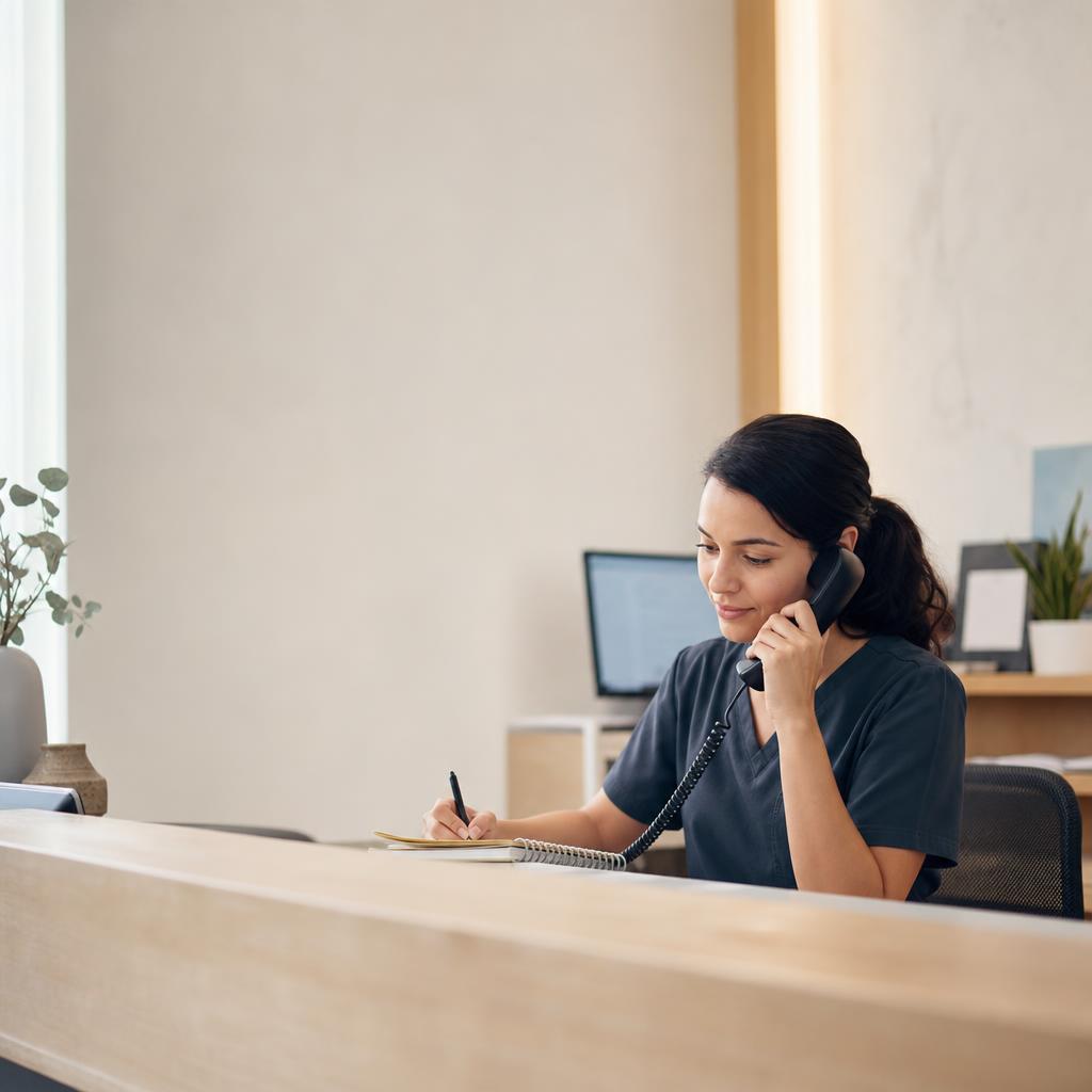 Medical office assistant coordinating a patient call in a warm Canadian clinic