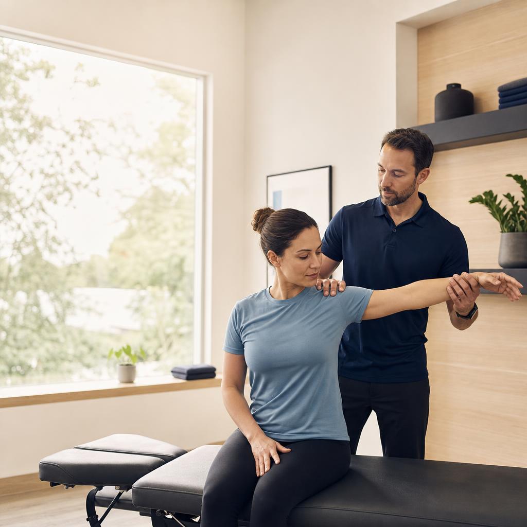 Physiotherapist guiding a patient through a mobility assessment
